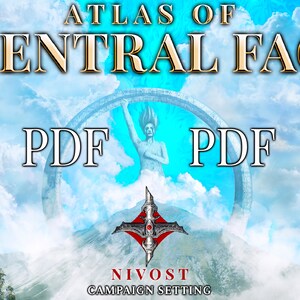 May include: A digital illustration of a fantasy world map with the text "Atlas of Central FAO PDF PDF" and "Nivost Campaign Setting". The map is set against a blue sky with white clouds.