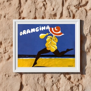 Póster de Orangina "Running Girl" de Bernard Villemot, 1972 / Arte vintage francés con bebidas playeras / Decoración retro para pared de cocina