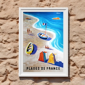 Vintage French Beaches Travel Poster by Villemot | Plages de France Art Print | Mid-Century Coastal Decor | Iconic Bernard Villemot Design