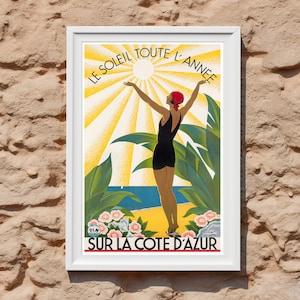 Cote d&#39;Azur French Travel Poster | Vintage South of France Wall Art Print | Mediterranean style home, cafe, restaurant, airbnb, hotel decor