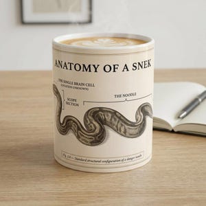 May include: A cream-colored ceramic mug featuring a black graphic illustration of a snake. The text reads ANATOMY OF A SNEK, THE SINGLE BRAIN CELL, SCOPE SECTION, THE NOODLE, and Fig. 1.0 - Standard structural configuration of a danger noodle.