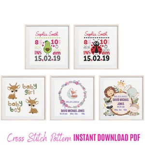 Set of 5 Birth Announcement Cross Stitch Pattern, Nursery CrossStitch, Baby Shower Gift, Safari Animals Embroidery, Baby Room Decor