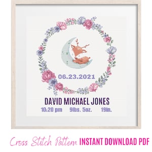 Birth Announcement Cross Stitch Pattern, Nursery CrossStitch, Baby Shower Gift, Baby Deer Embroidery, Baby Room Decor