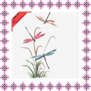May include: Cross stitch pattern featuring three dragonflies in shades of pink, blue, and green, with a leafy background. The pattern is titled "PDF by Love Cross Stitch".