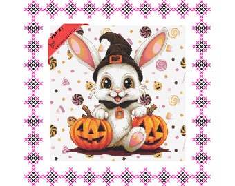 Rabbit Halloween Cross Stitch, Spooky Cross Stitch, Beginner Needlepoint Scheme, Animal Halloween Embroidery, Embroidery Hoop Art