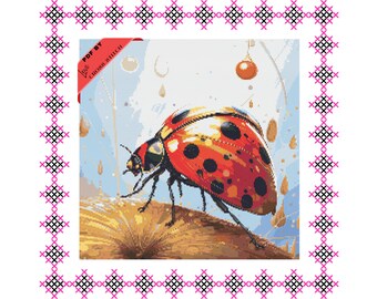 Ladybug Cross Stitch, Insect CrossStitch Pattern, Flying Insect, Beginner Needlepoint Scheme, Ladybug Embroidery