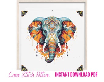 Elephant Mandala Cross Stitch , Mandala CrossStitch Patterns, Colored CrossStitch Pattern, Elephant  Embroidery, Embroidery Hoop Art