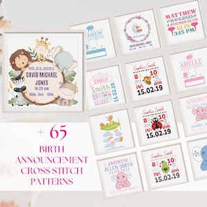 BUNDLE of +65 Birth Announcement Cross Stitch Pattern, Nursery CrossStitch, Baby Shower Gift, Safari Animals Embroidery, Baby Room Decor