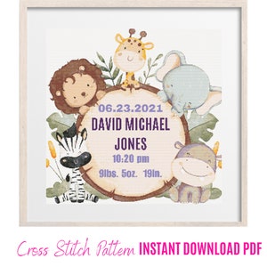 Birth Announcement Cross Stitch Pattern, Nursery CrossStitch, Baby Shower Gift, Safari Animals Embroidery, Baby Room Decor