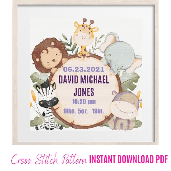 Patrón de punto de cruz para anuncio de nacimiento, punto de cruz para guardería, regalo para baby shower, bordado de animales de safari, decoración de habitación de bebé