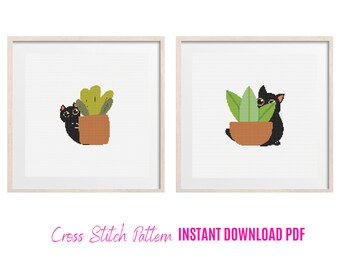 Set of 2 Funny Cats Cross Stitch Pattern, Home Plants Cross Stitch, Cute Cats and Plants Decor, Modern Cross Stitch, Cats Lover DIY Gift