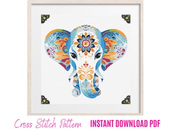 Elephant Mandala Cross Stitch , Mandala CrossStitch Patterns, Colored CrossStitch Pattern, Elephant  Embroidery, Embroidery Hoop Art