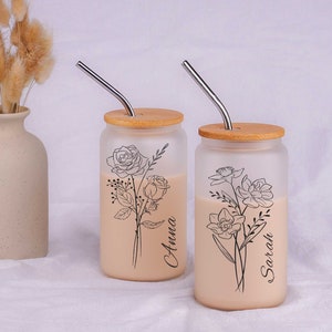 Personalized Iced Coffee Cup With Name, Birth flower Glass Cup, Tumbler with Lid and Straw, Bridesmaid Gift, Wedding Gifts, Gift for Her