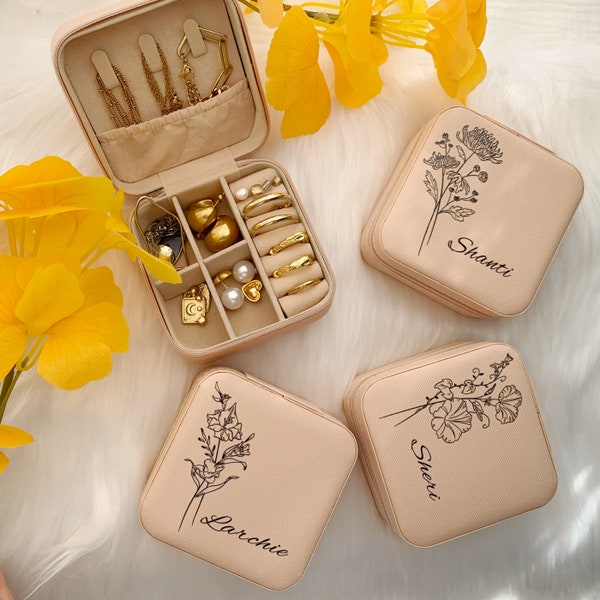 Jewelry Box with Birth Flower, Travel Jewelry Case, Personalized Jewelry Box, Wedding, Birthday Gift for her, Maid of Honor Gift, Christmas