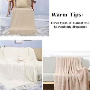 May include: Beige and cream-colored blankets with fringe are draped over furniture. The blankets have different knit patterns, including diamond and vertical designs. The text "Warm Tips: Three types of blanket will be randomly dispatched" is also visible.