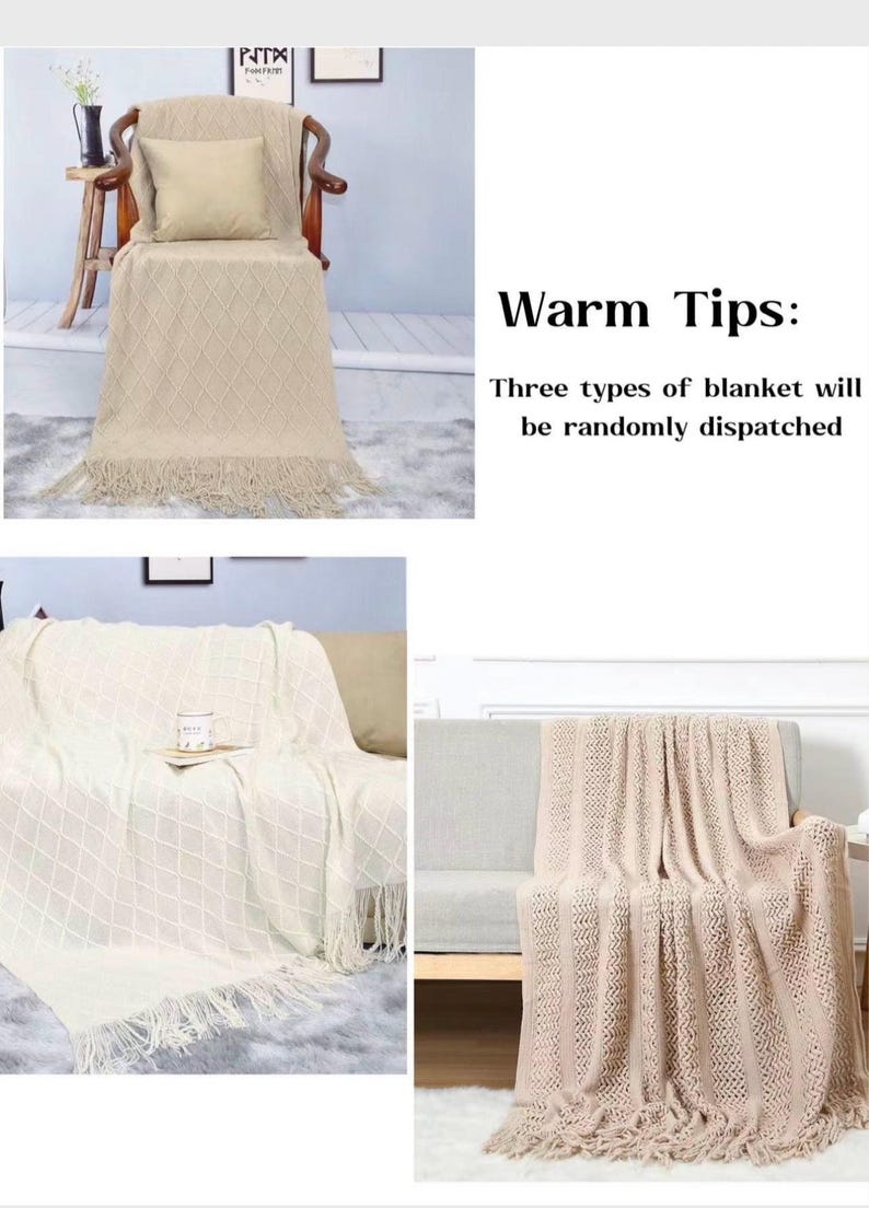 May include: Beige and cream-colored blankets with fringe are draped over furniture. The blankets have different knit patterns, including diamond and vertical designs. The text "Warm Tips: Three types of blanket will be randomly dispatched" is also visible.