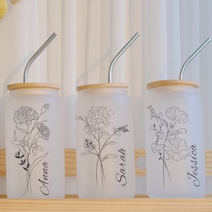 Personalized Birth Flower Iced Coffee Cup, Custom Name Glass Tumbler with Lid, Straw, Bridesmaid Proposal, Bridesmaid Gifts,  Wedding Gift