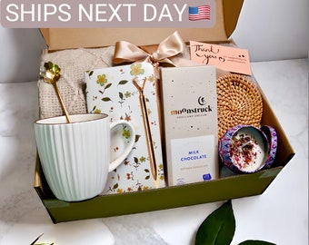 Self Care Gift Box, Cozy Blanket, Lavender Candle, Gourmet Chocolate