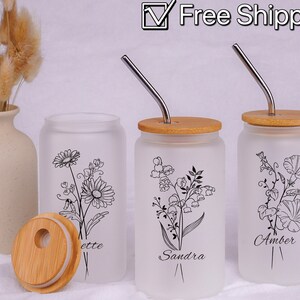 Personalized Iced Coffee Cup with Name, Personalized Birth Flower Tumbler, Glass Cup with Lid and Straw, Bridesmaid Proposal, Gift for Her
