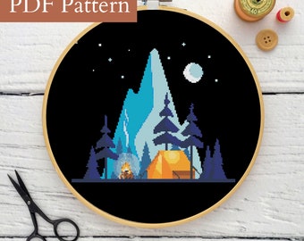 Casual Campsite Cross Stitch Pattern, Camping Cross Stitch, Moon, Nature, Mountains, Embroidery, Tent, Fire, Travel, Holiday, Night, PDF