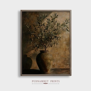 May include: A painting depicting a green olive branch in a brown ceramic vase against a textured brown background. The olive branch is illuminated by a beam of light.