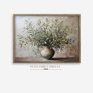 Antique Olive Tree Painting Wall Art, Rustic Farmhouse Print, Olive Tree in Vase Print, Olive Branch Botanical Digital Download