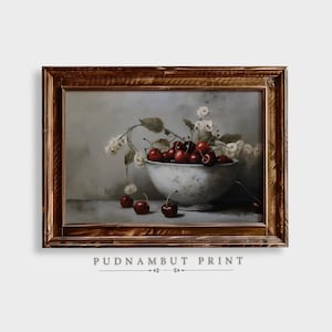 Moody Cherry Still Life Art Print, Vintage Fruit Kitchen Oil Painting Art, French Country Decor, Digital Download