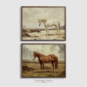 Rustic Horse Landscape Painting Prints Set of 2 Wall Art, Animal Fine Art Farmhouse Decor, Horses Portraits, Equestrian Print