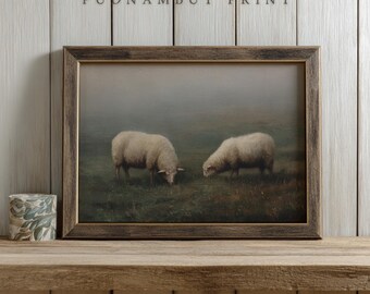 Vintage Schaf Landschaftsmalerei Druck, antike Kunst auf dem Bauernhof, englische Landschaftskunst, rustikale Bauernhausdekoration, digitaler Download
