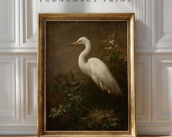 Vintage White Heron Bird Art Print, French Country Wall Art, Natural Decor, Digital Download
