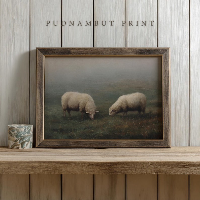 Vintage Sheep Landscape Painting Print, Antique Farm Animal Art ...