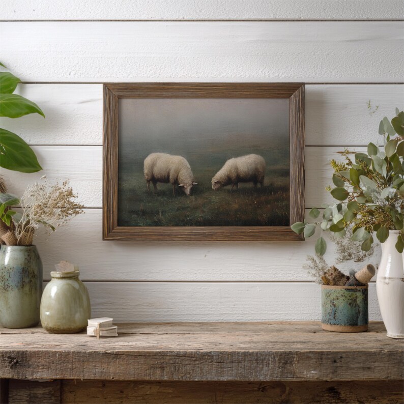 Vintage Sheep Landscape Painting Print, Antique Farm Animal Art ...