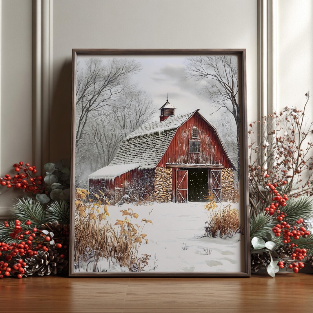 Rustic Christmas Red Barn Printable Wall Art, Winter Farmhouse Snowy ...