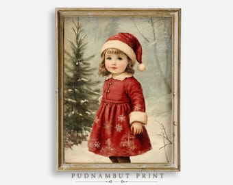 Vintage Christmas Art Print: Little Girl in Winter Forest (Digital Download