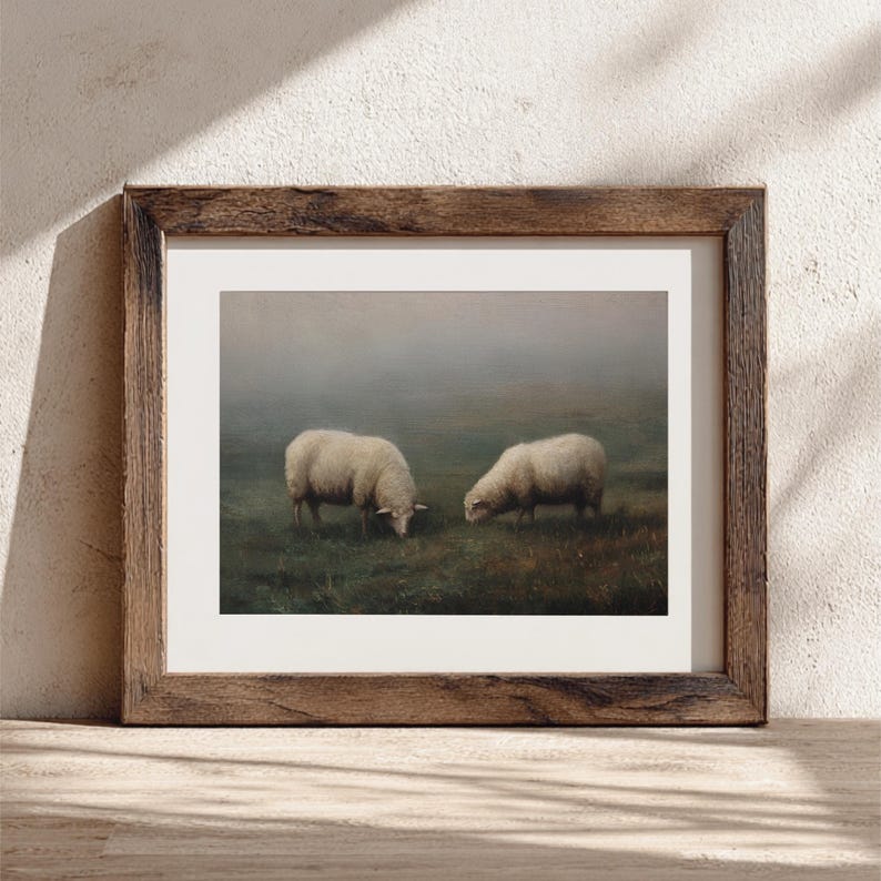 Vintage Sheep Landscape Painting Print, Antique Farm Animal Art ...