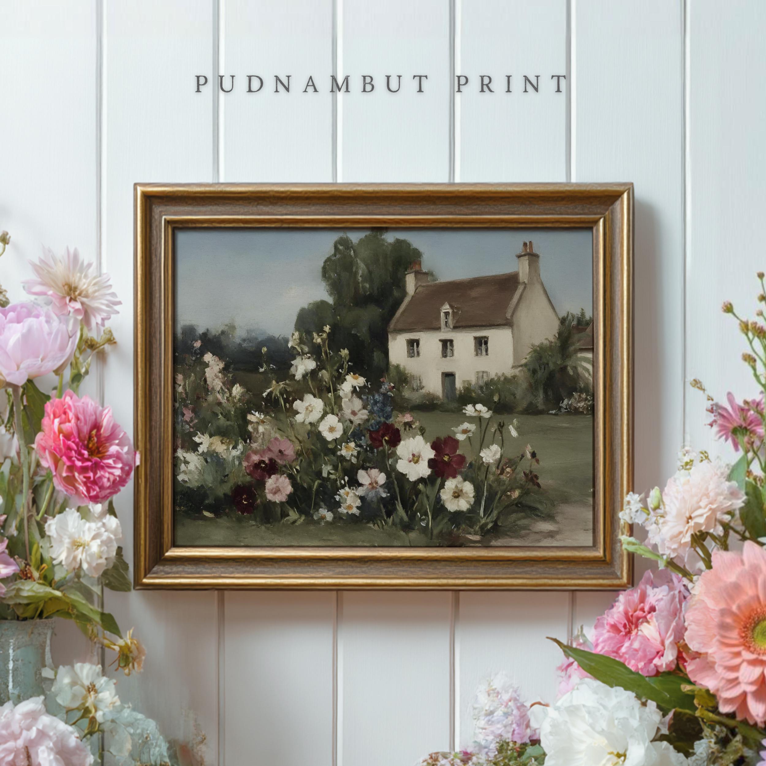 English Cottage Garden Painting Print, Vintage Floral Landscape Wall ...