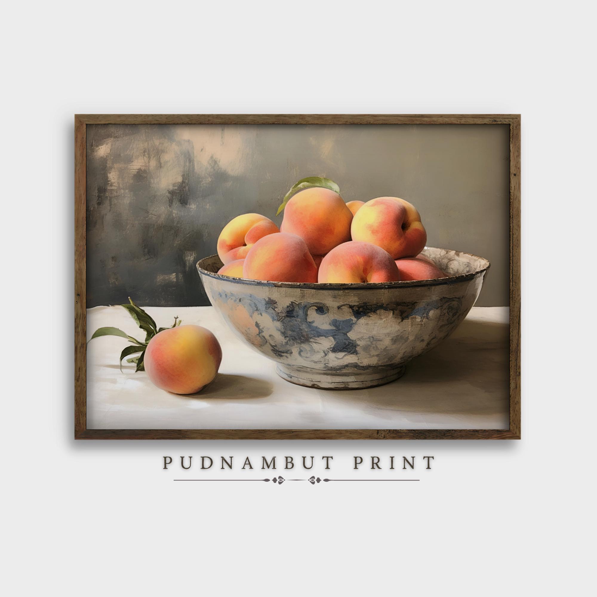 Vintage Peaches Still Life Art Print, Farmhouse Kitchen Decor, Country Fruit in Bowl Art, Printable Kitchen Painting, Digital Download