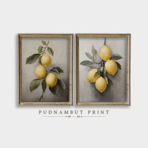 Vintage Lemon Art Print Set of 2, Farmhouse Food Kitchen Wall Art, Fruit Painting Decor, Digital Download