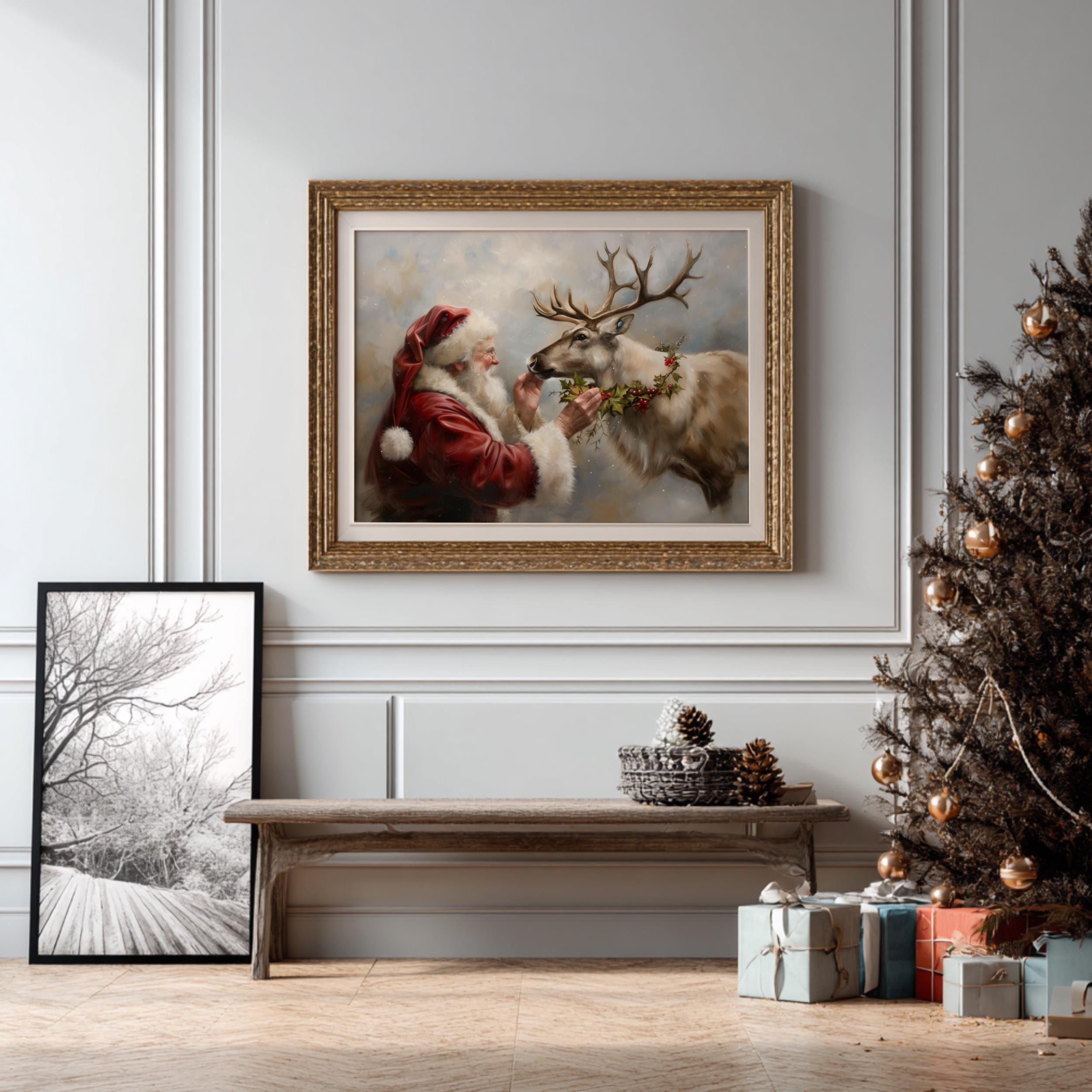 クリスマスサンタとトナカイのプリントアート、ヴィンテージウィンター 