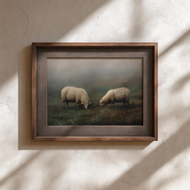 Vintage Sheep Landscape Painting Print, Antique Farm Animal Art ...