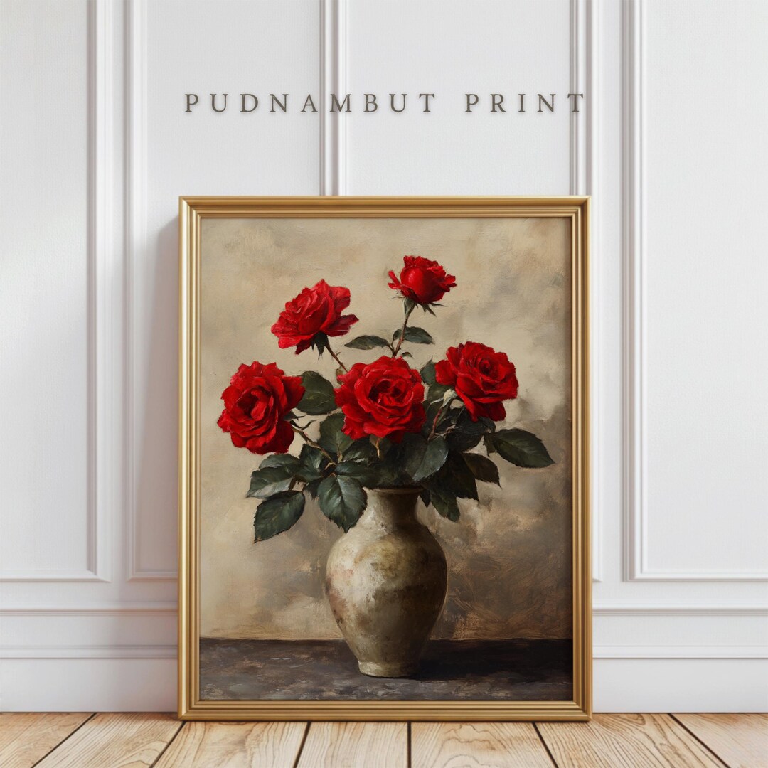 Vintage Red Rose Art Print, Floral Still Life Painting, Valentine’s Day ...