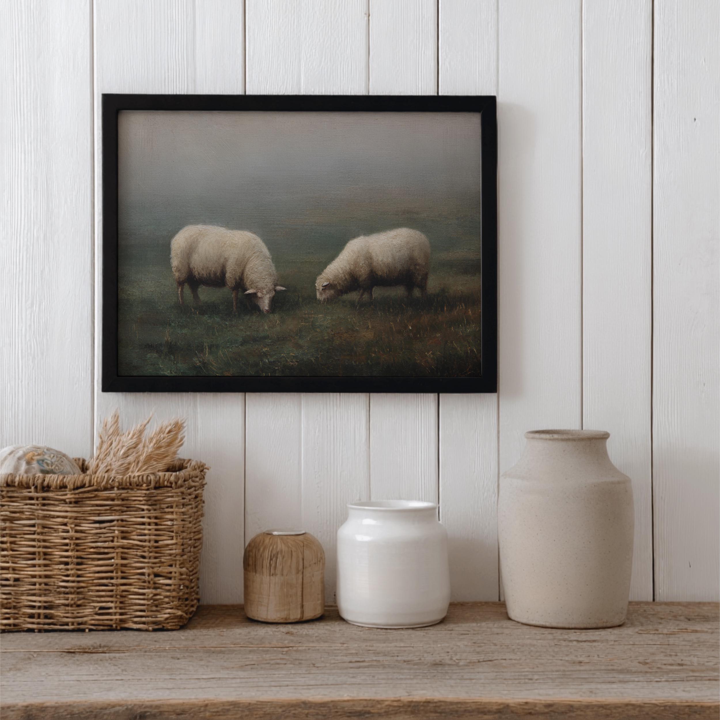Vintage Sheep Landscape Painting Print, Antique Farm Animal Art ...