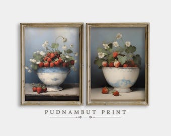 Moody Strawberry Painting Art Set of 2, Vintage Fruit Still Life Kitchen Decor, Strawberry Artwork Digital Download