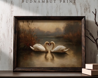 Arte imprimible de cisne antiguo, arte mural rústico de pájaros campestres, decoración de estilo cottagecore, impresión romántica de naturaleza, descarga digital