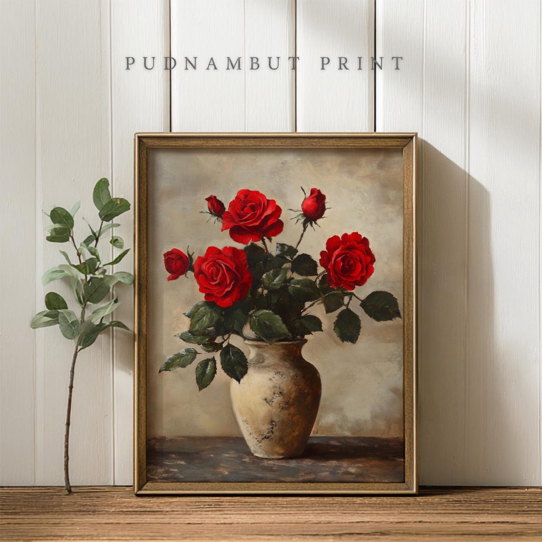 Vintage Red Roses in Vase Still Life Painting, Floral Wall Art Print - Etsy