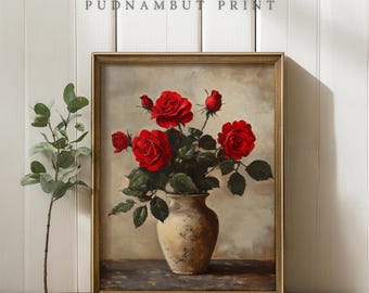 Vintage Red Roses in Vase Still Life Painting, Floral Wall Art Print