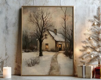 Cabaña de invierno imprimible, escena rústica de bosque nevado, decoración navideña para casa, descarga digital