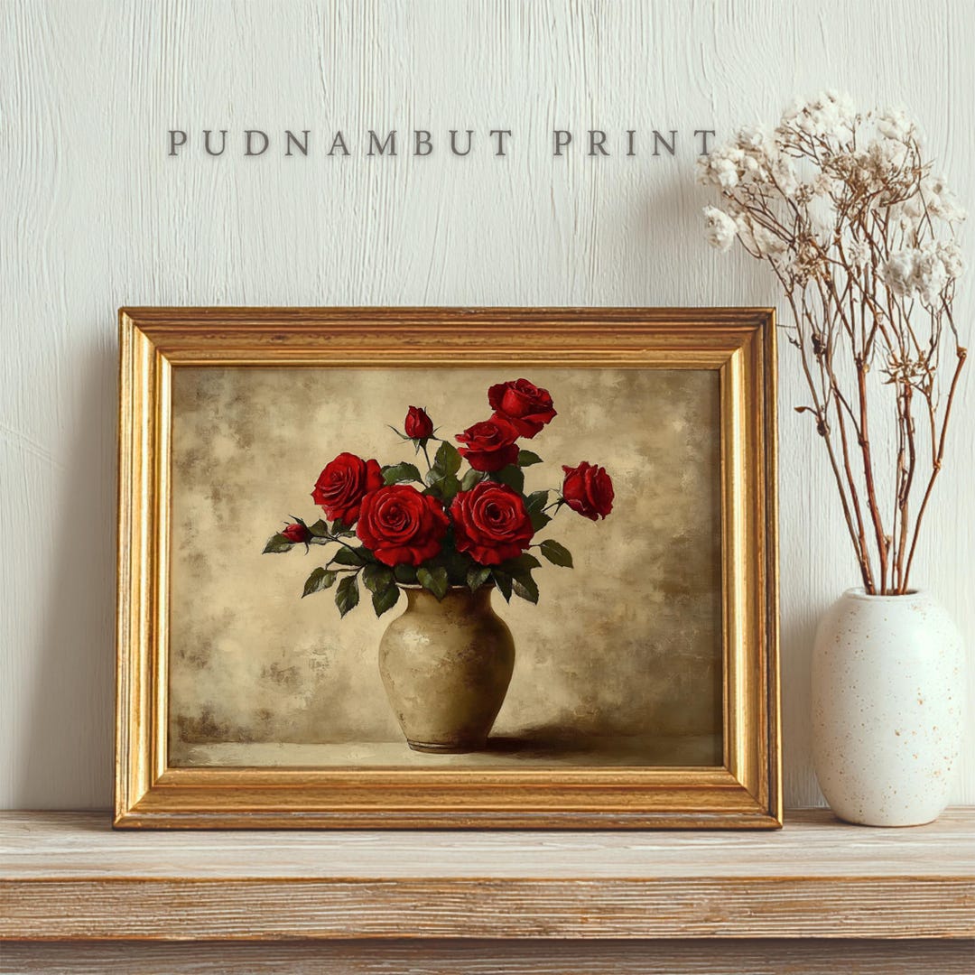 Vintage Red Roses Still Life Painting Print, Floral Wall Art, Antique ...