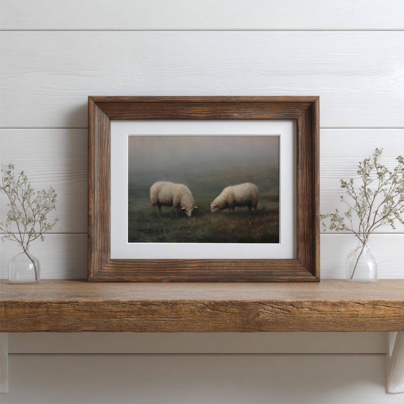 Vintage Sheep Landscape Painting Print, Antique Farm Animal Art ...