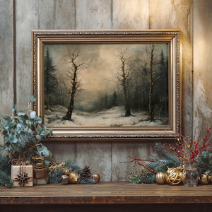 Moody Winter Forest Printable Art, Vintage Snowy Christmas Landscape Wall Decor, Rustic Holiday Nature Painting Print, Xmas Digital Download